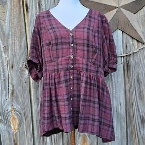 Plaid Babydoll Top Torrid Plus Size 2X Smocked Puff Sleeve Button Stretch Gauze